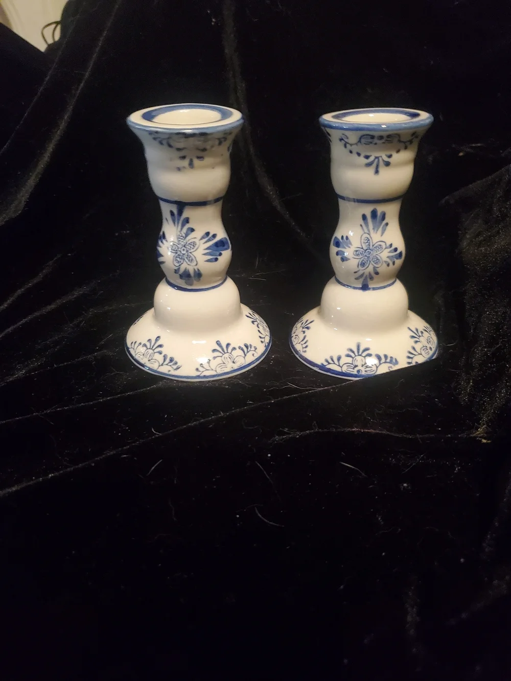 Blue and White Ceramic Candlestick Holders with Windmill Motif